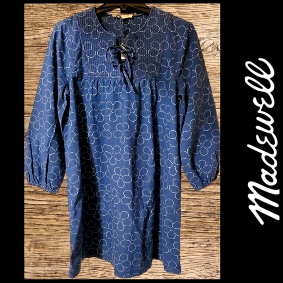 Madewell Quilted Tie Front Bib Dress in Indigo Floral - Picture 1 of 7